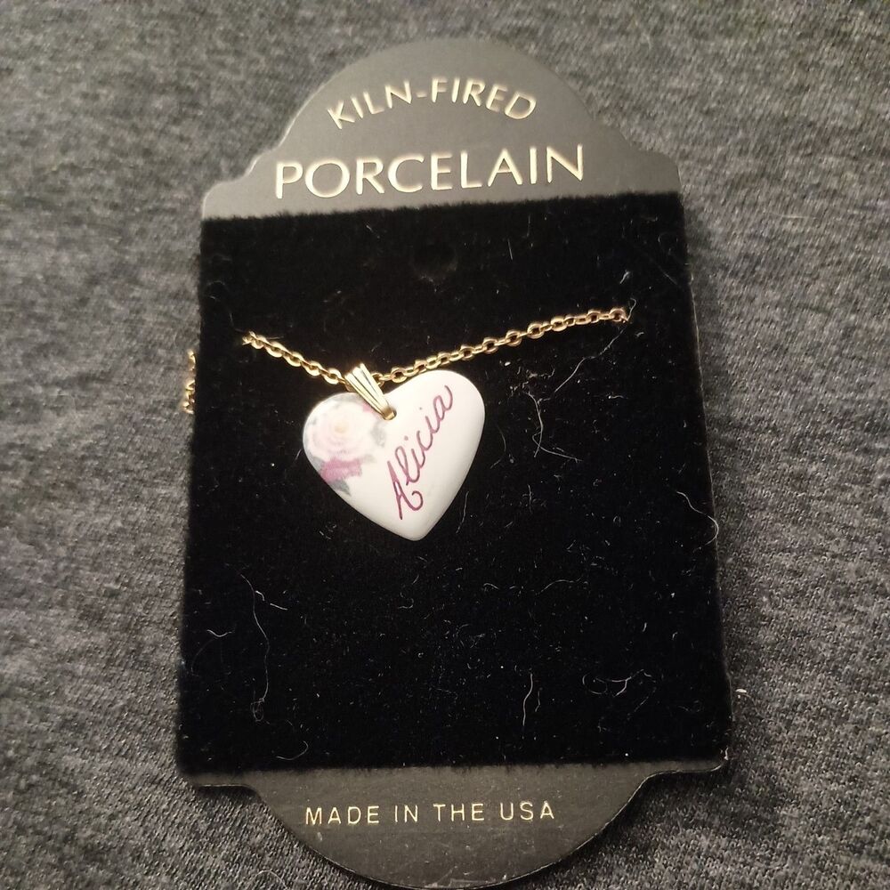 Vintage Porcelain Heart Kiln Fired Name Necklace "Alicia'
